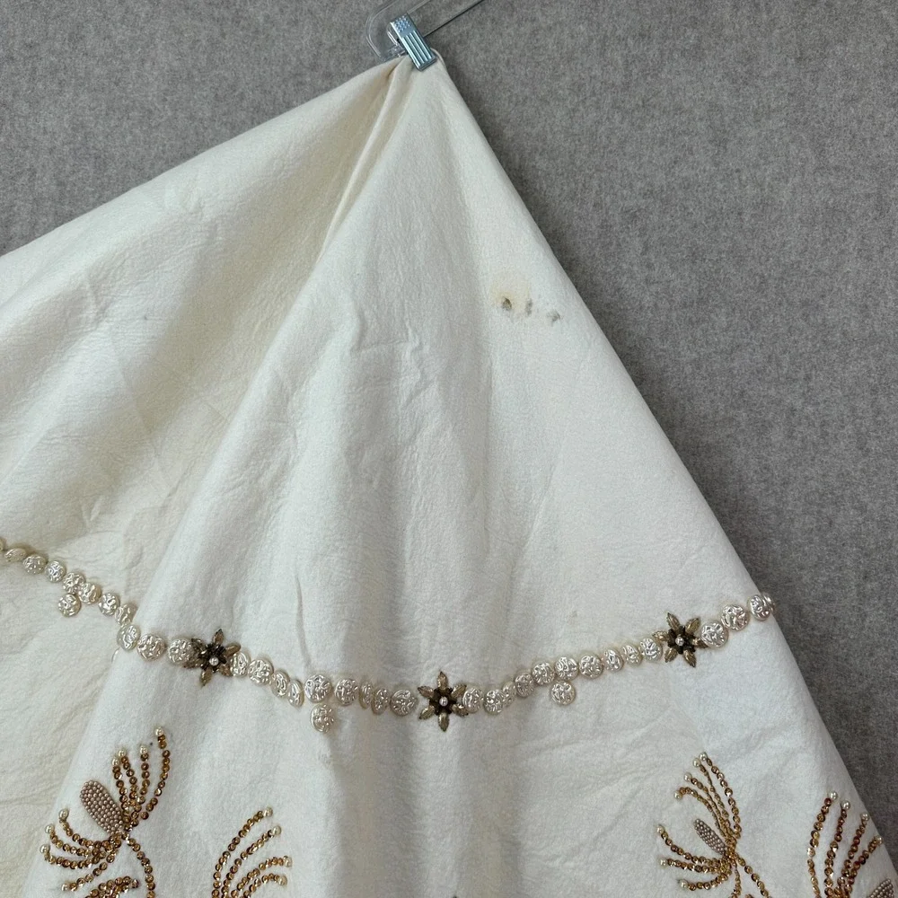 STUNNING Heavy Gold Beaded Table Ivory Large Tablecloth Topper Thick Felt Fabric